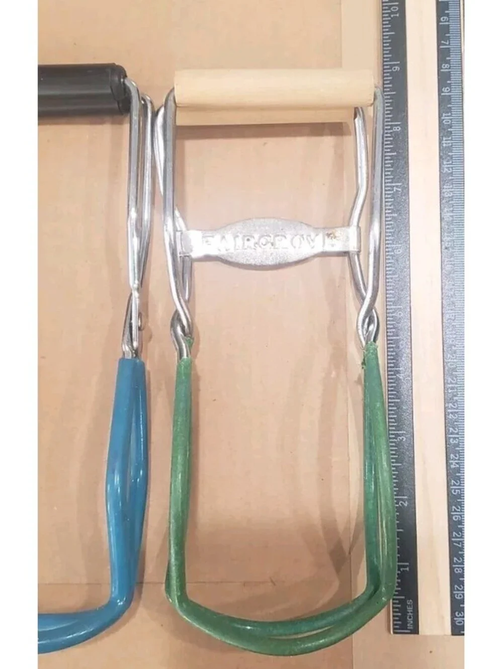 VTG Antique Canning Mason Jar Lifter Tongs Wood Handle Fairgrove Blue Green